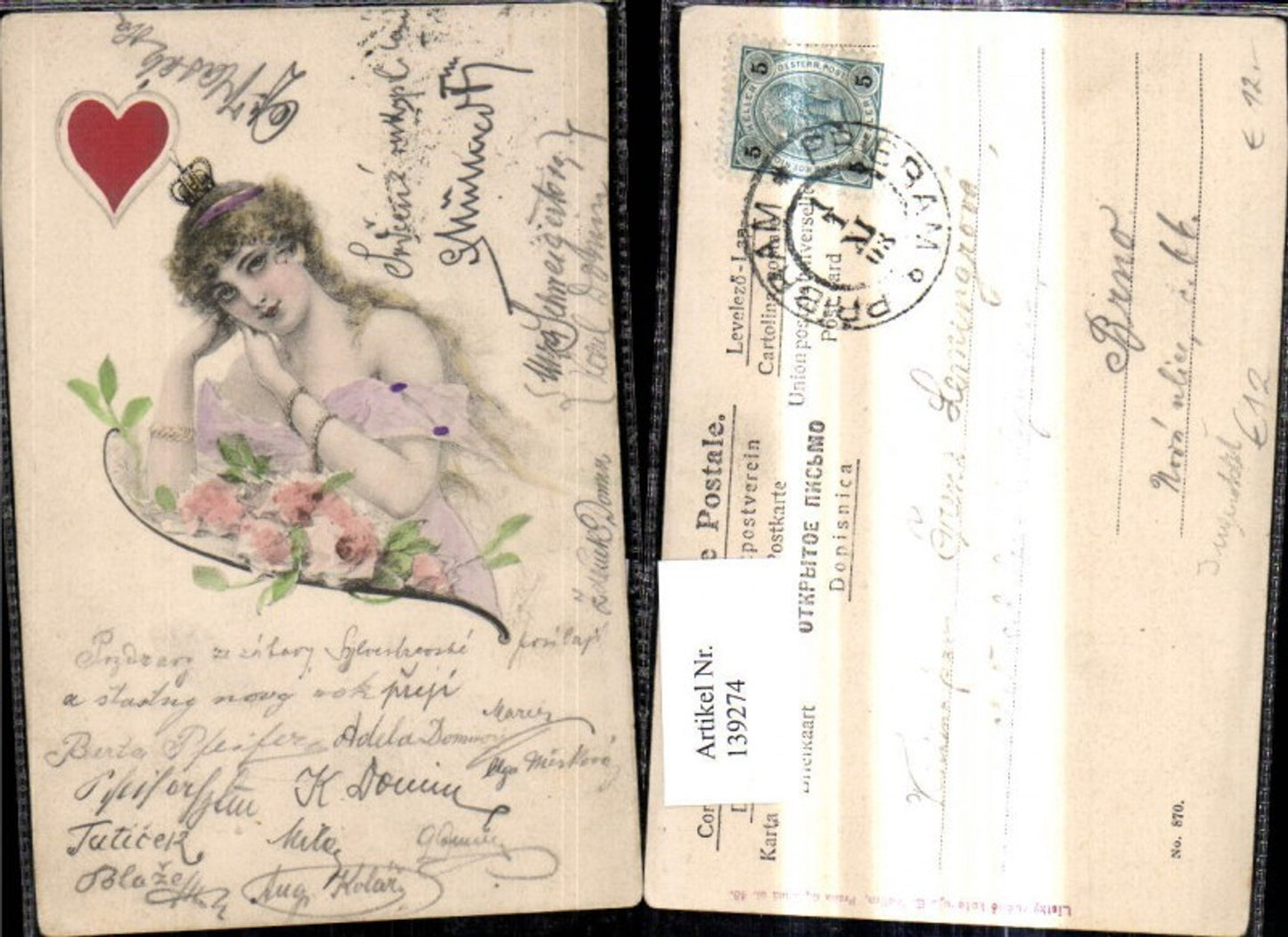 139274,Künstler Ak Jugendstil Frau Kleid Krone Blumen Herz