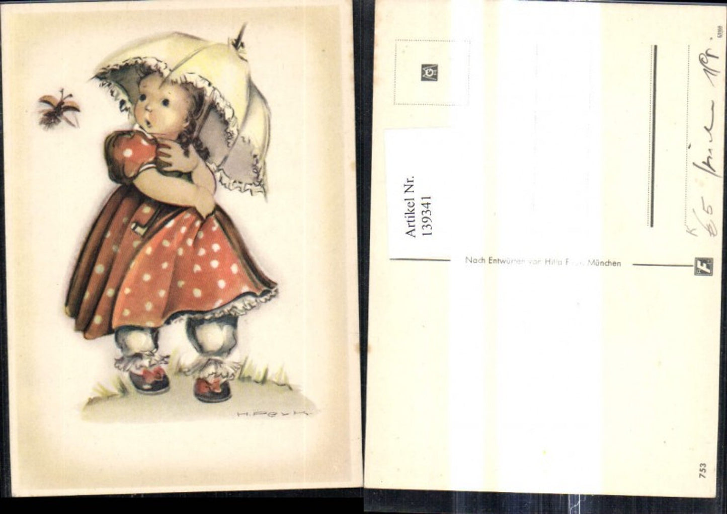 139341,Künstler Ak Hilla Peyk Mädchen Regenschirm Schirm Käfer