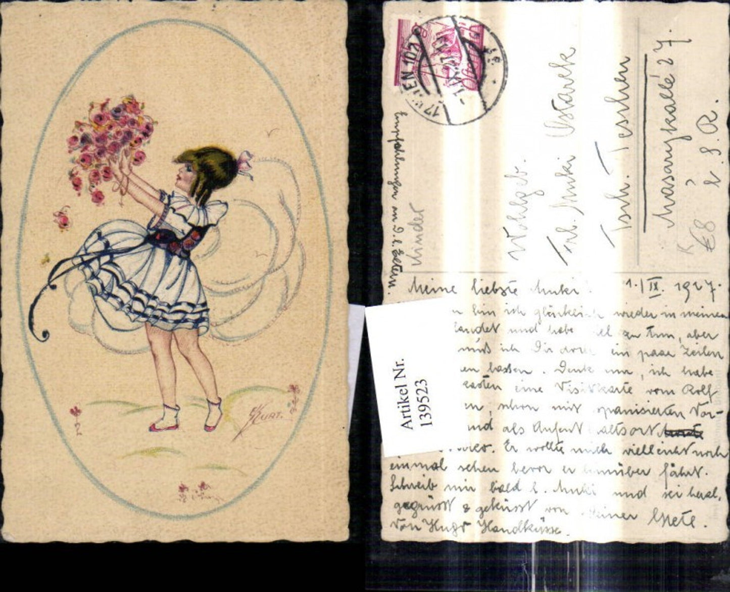 139523,Künstler Ak E. Kurt Mädchen m. Blumenstrauß Blumen