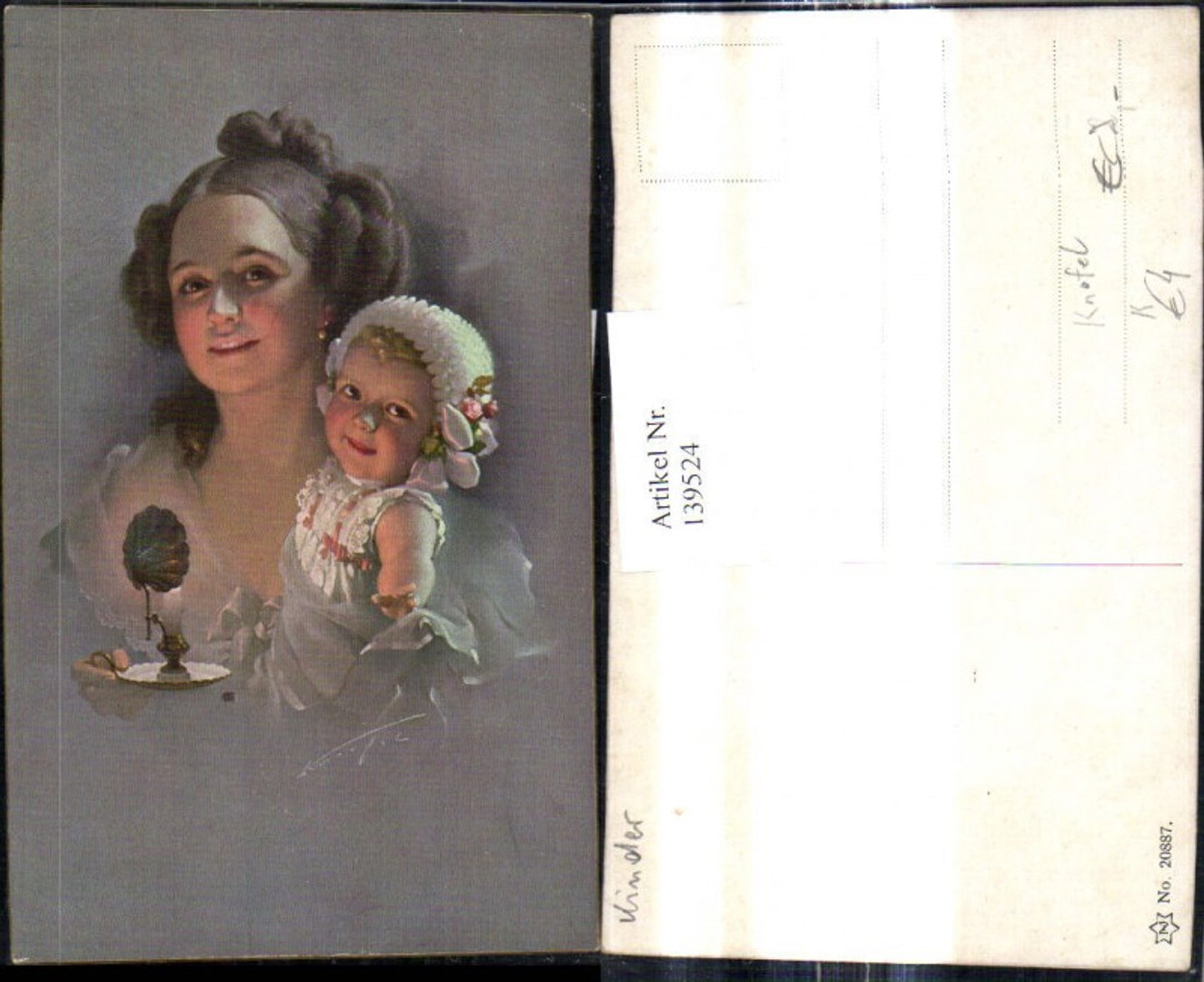 139524,Künstler Ak Knofel Frau m. Kind Kerzenhalter Kerze