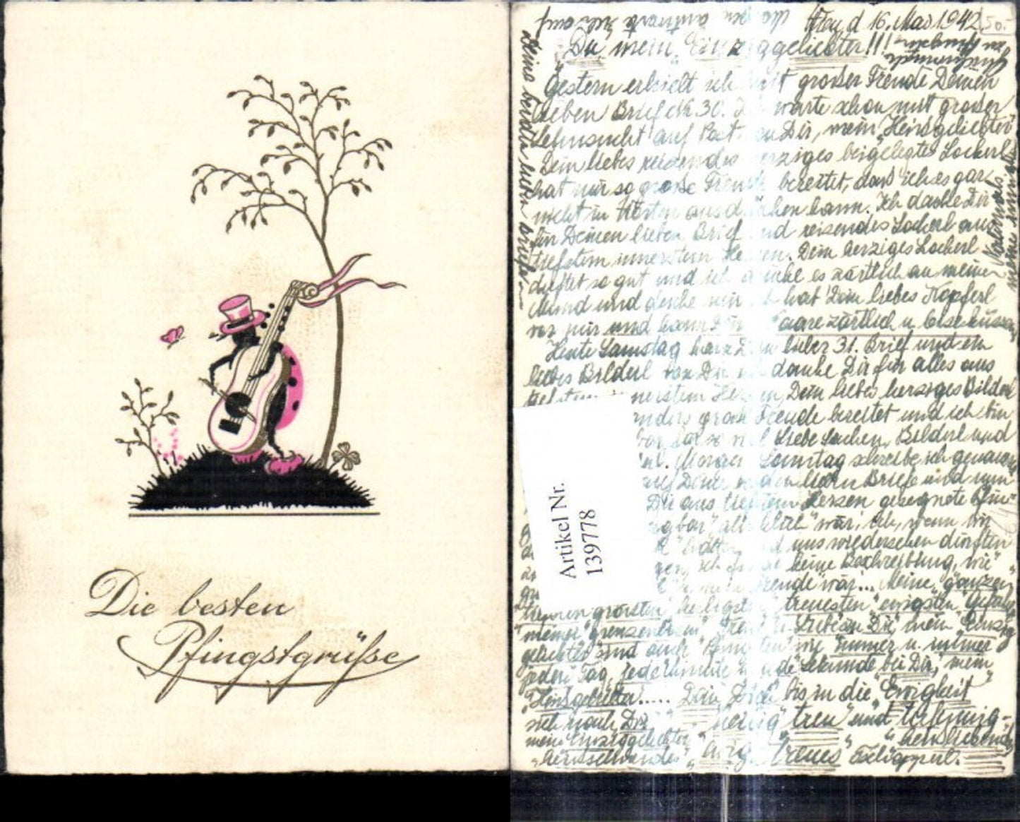139778,Künstler Ak Scherenschnitt Silhouette Käfer spielt Bass Instrument Baum