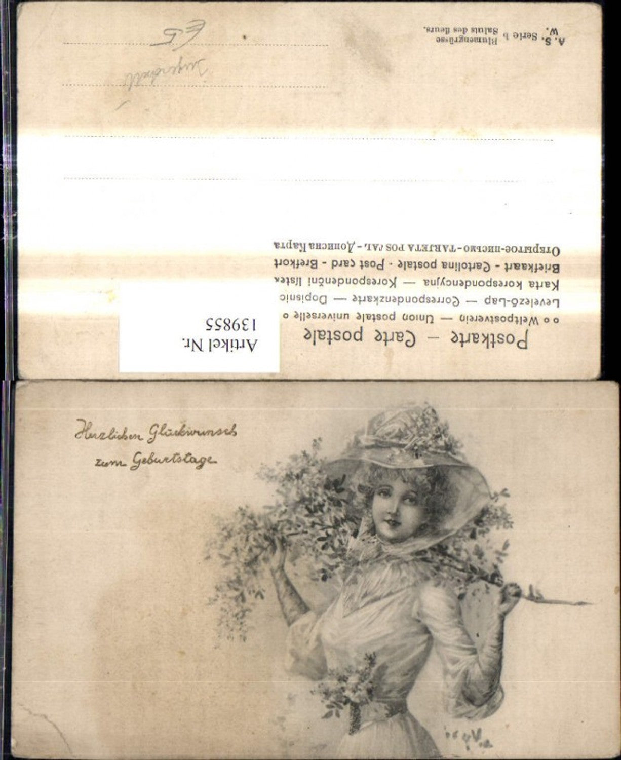 139855,Jugendstil Frau Hut Mode Blütenzweig um Schulter Hat Fashion