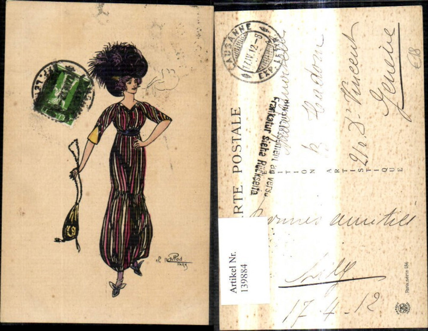 139884,Jugendstil Frau raucht Handtasche Hut Mode Fashion Bag Hat