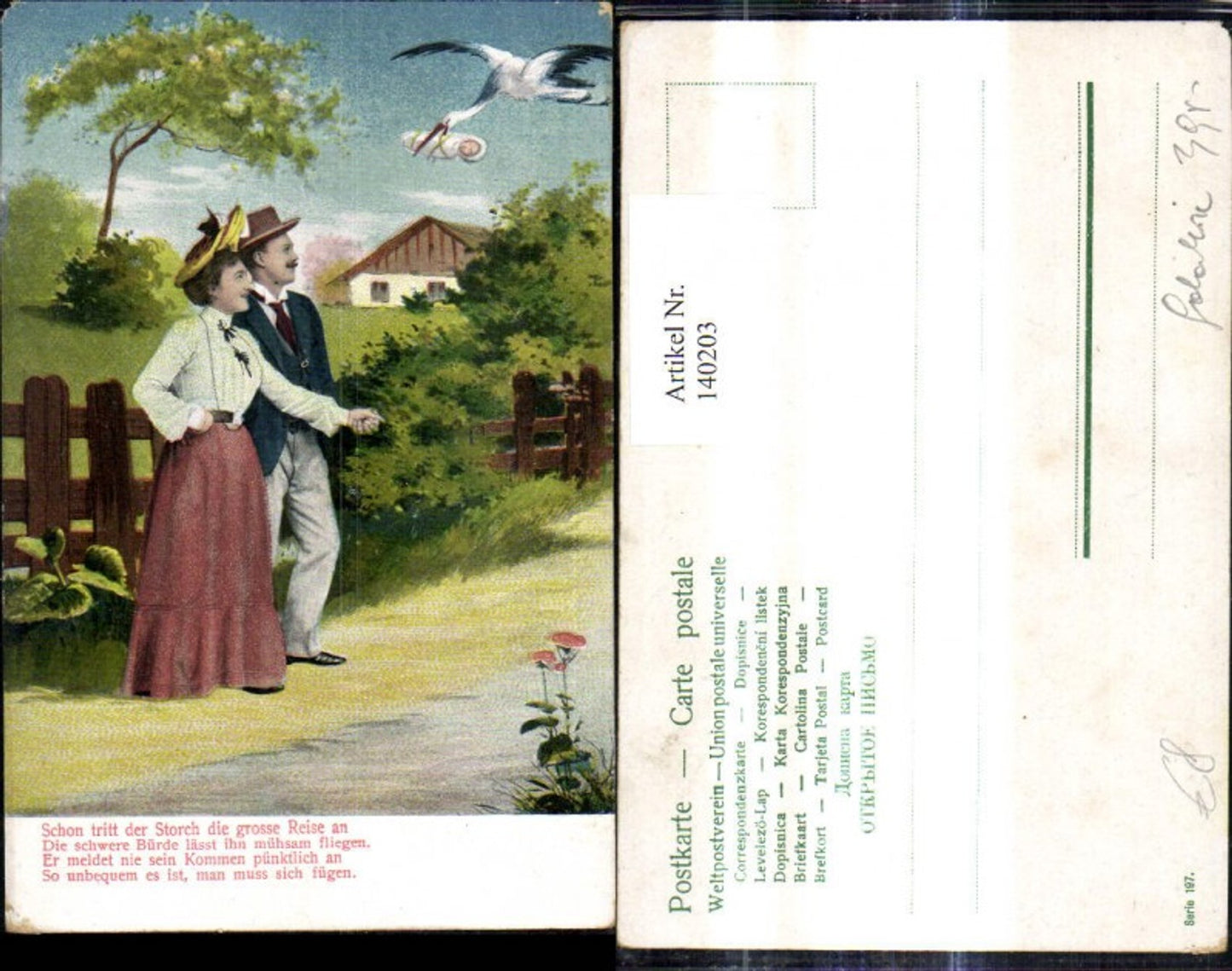 140203,Liebe Paar Liebespaar Storch m. Baby i. Schnabel Spruch Text