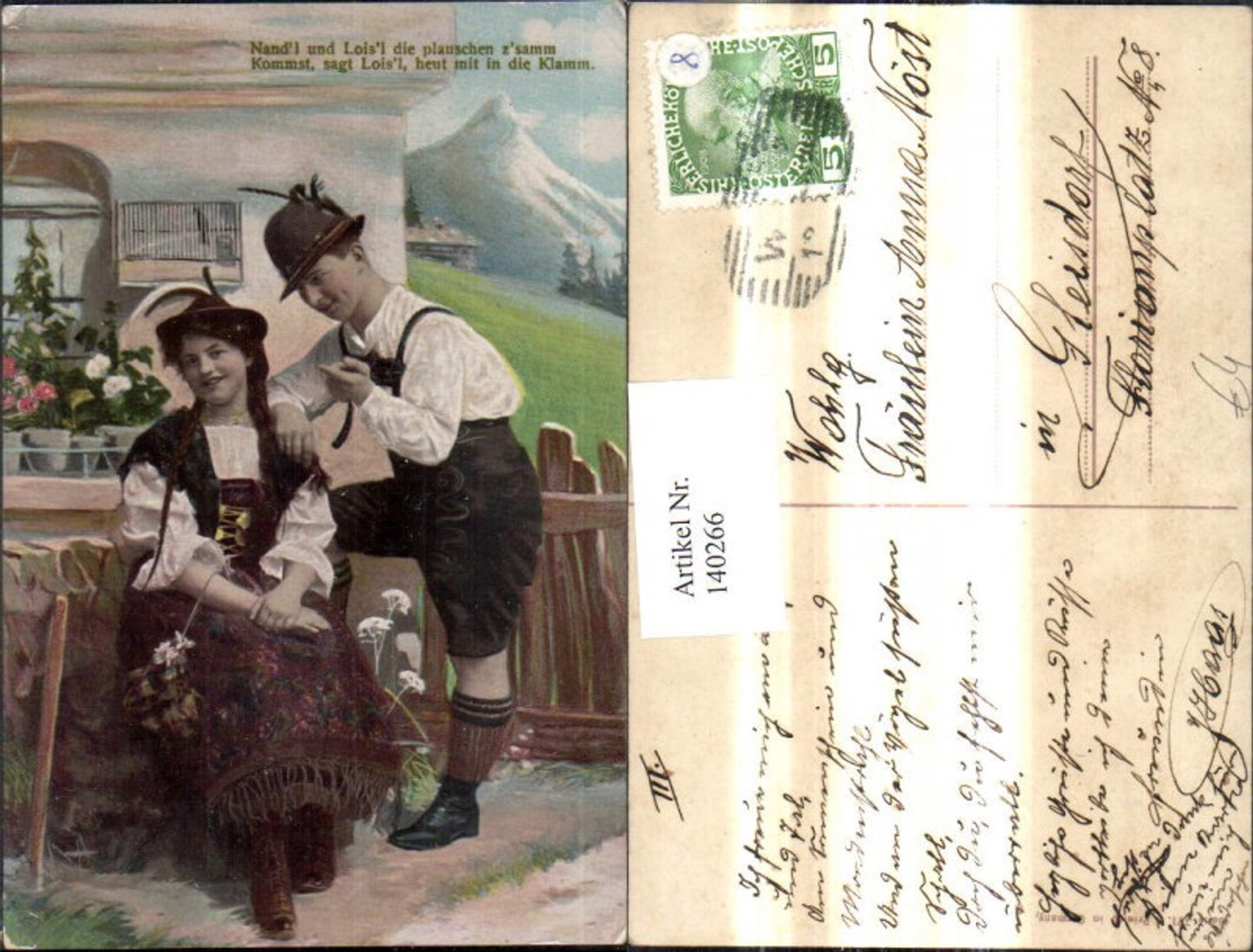 140266,Liebe Paar Liebespaar i. Tracht v. Haus Spruch Text