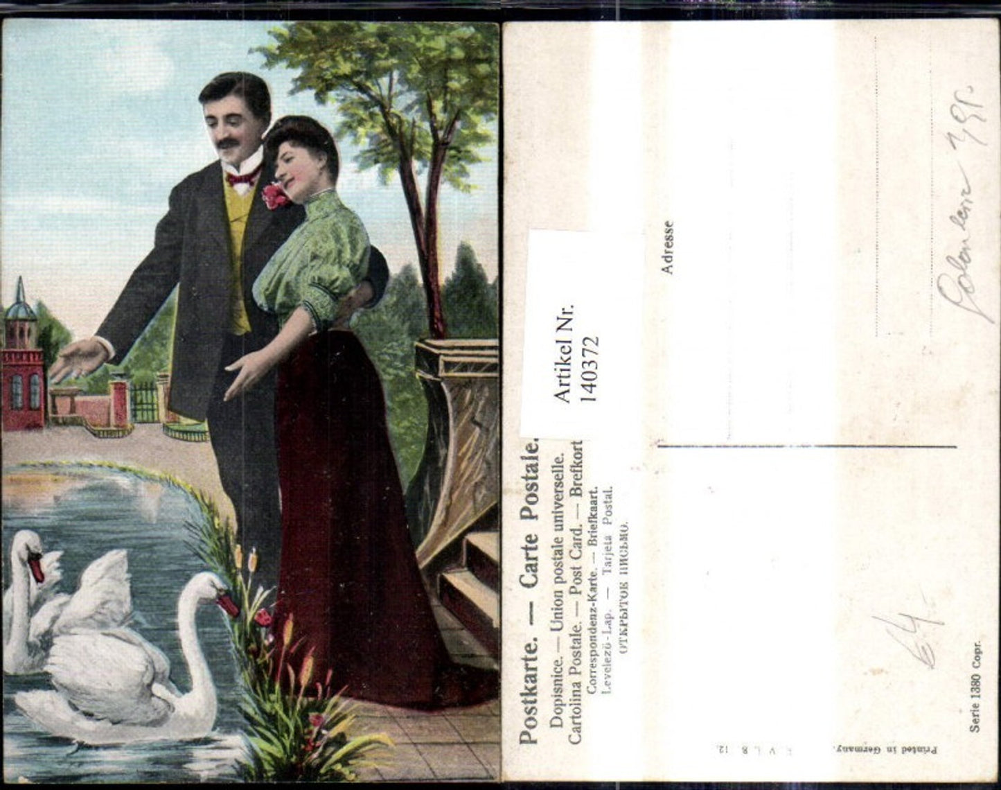 140372,Liebe Paar Liebespaar m. Schwänen a. Teich