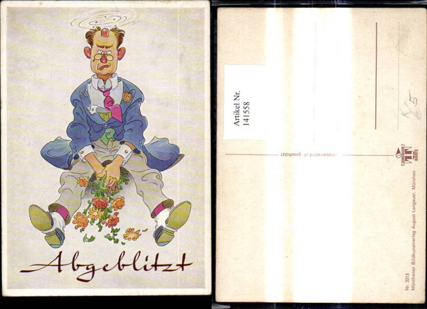 141558,Künstler Ak Mann m. Beule a. Kopf Blumen Abgeblitzt Scherz Humor pub August Lengauer 3213