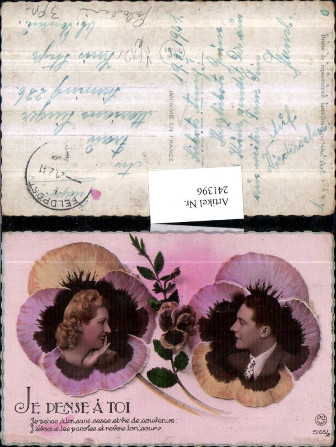 241396,Fotomontage Mann u. Frau Kopf Stiefmütterchen Blume pub P.C. Paris 5165/2