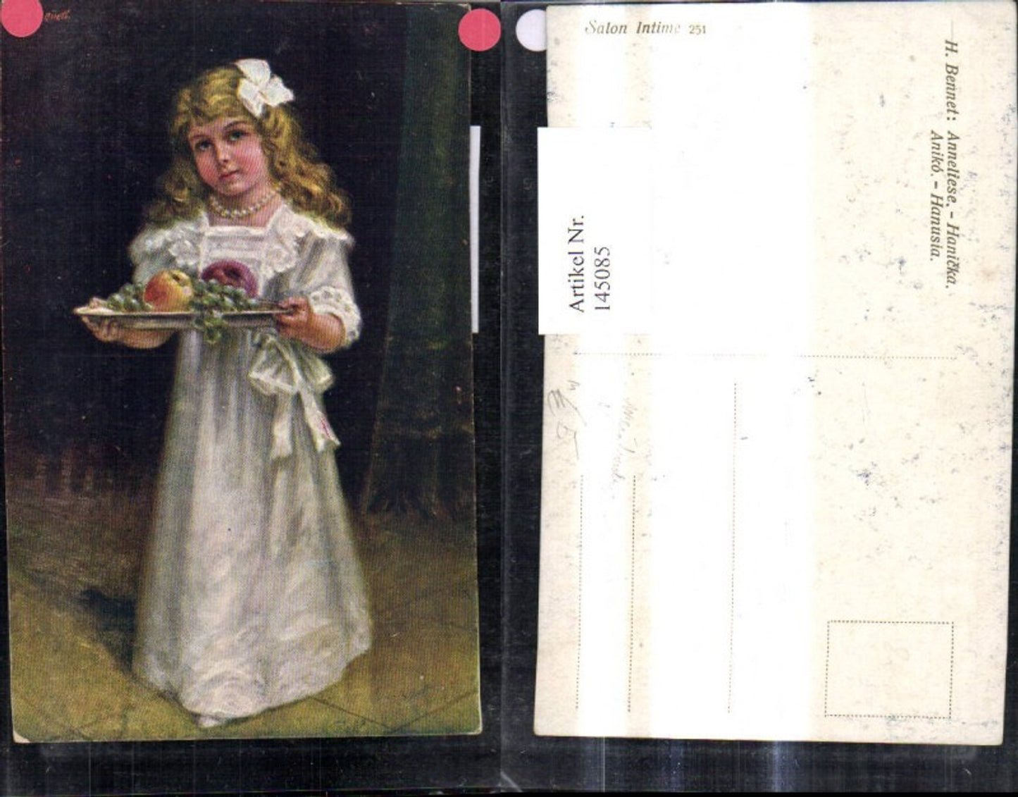145085,Künstler Ak H. Bennet Anneliese Mädchen Teller m. Weintrauben Äpfel
