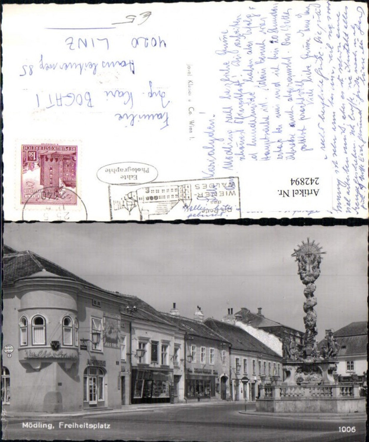 242894,Mödling Freiheitsplatz Pestsäule Apotheke Geschäfte