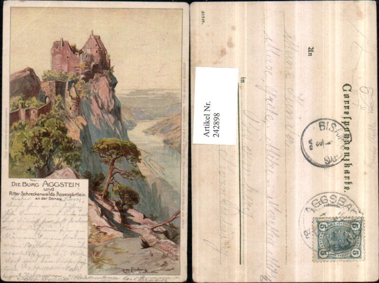 242898, Artist Lithograph AK LH Fischer Aggstein Castle and Schreckenwald Rose Garden pub Ernesto Richter