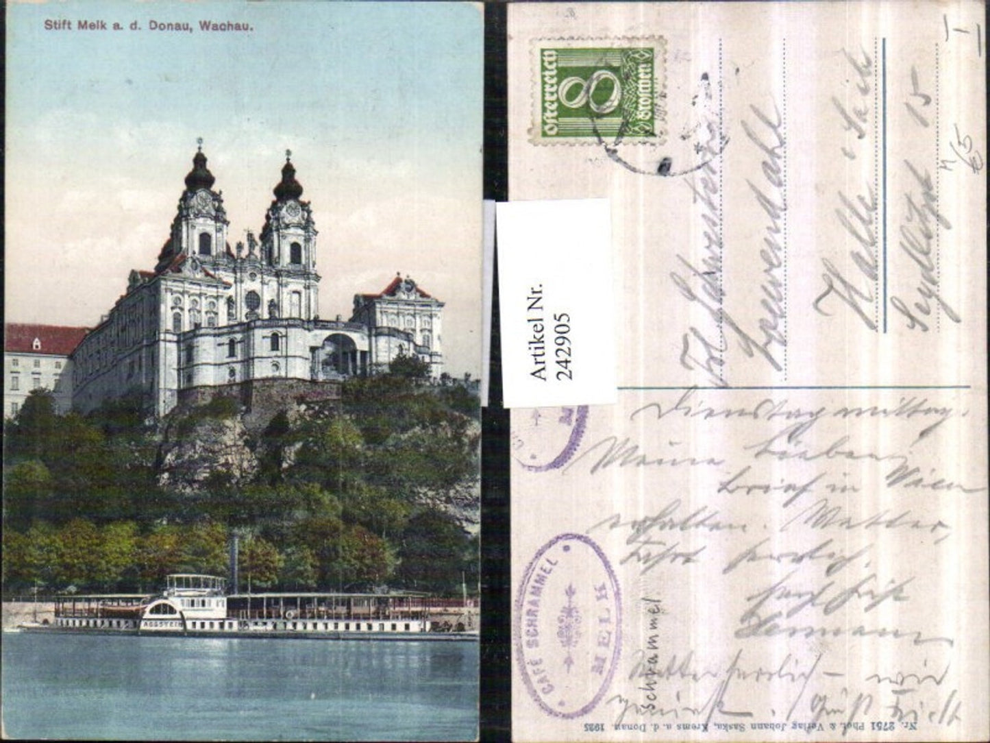 242905, Melk Abbey on the Danube in the Wachau, steamer Aggstein