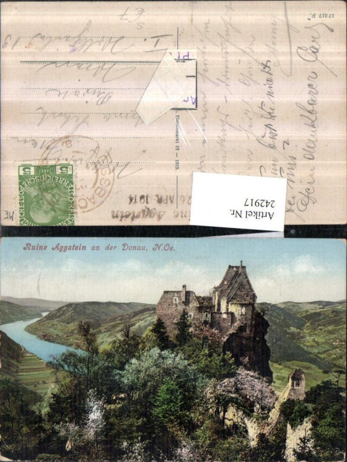 242917, Aggstein ruins at d. Danube stamp ruin Aggstein April 26, 1914