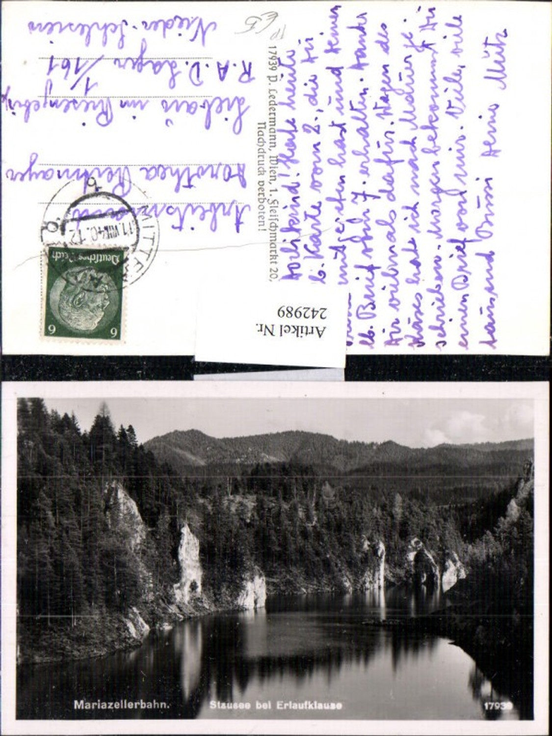 242989,Mariazellerbahn Stausee b. Erlaufklause b. Mitterbach Feldpost nach Liebau R.A.D. Lager 1/161