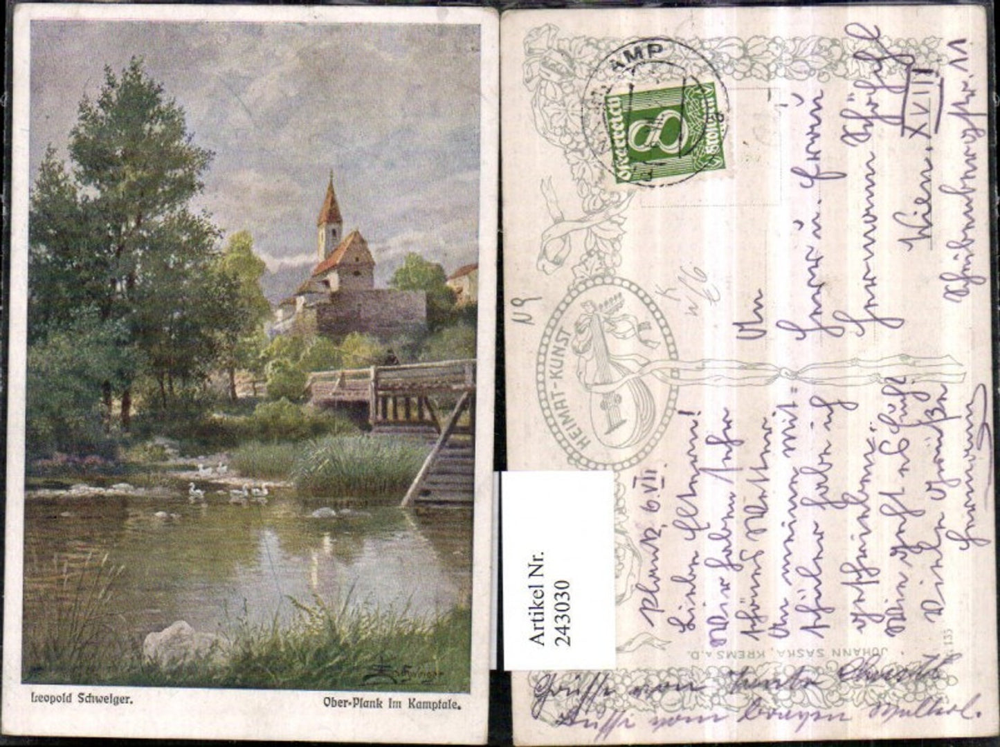 243030,Künstler AK Leopold Schweiger Oberplank im Kamptale b. Schönberg Partie Kirche