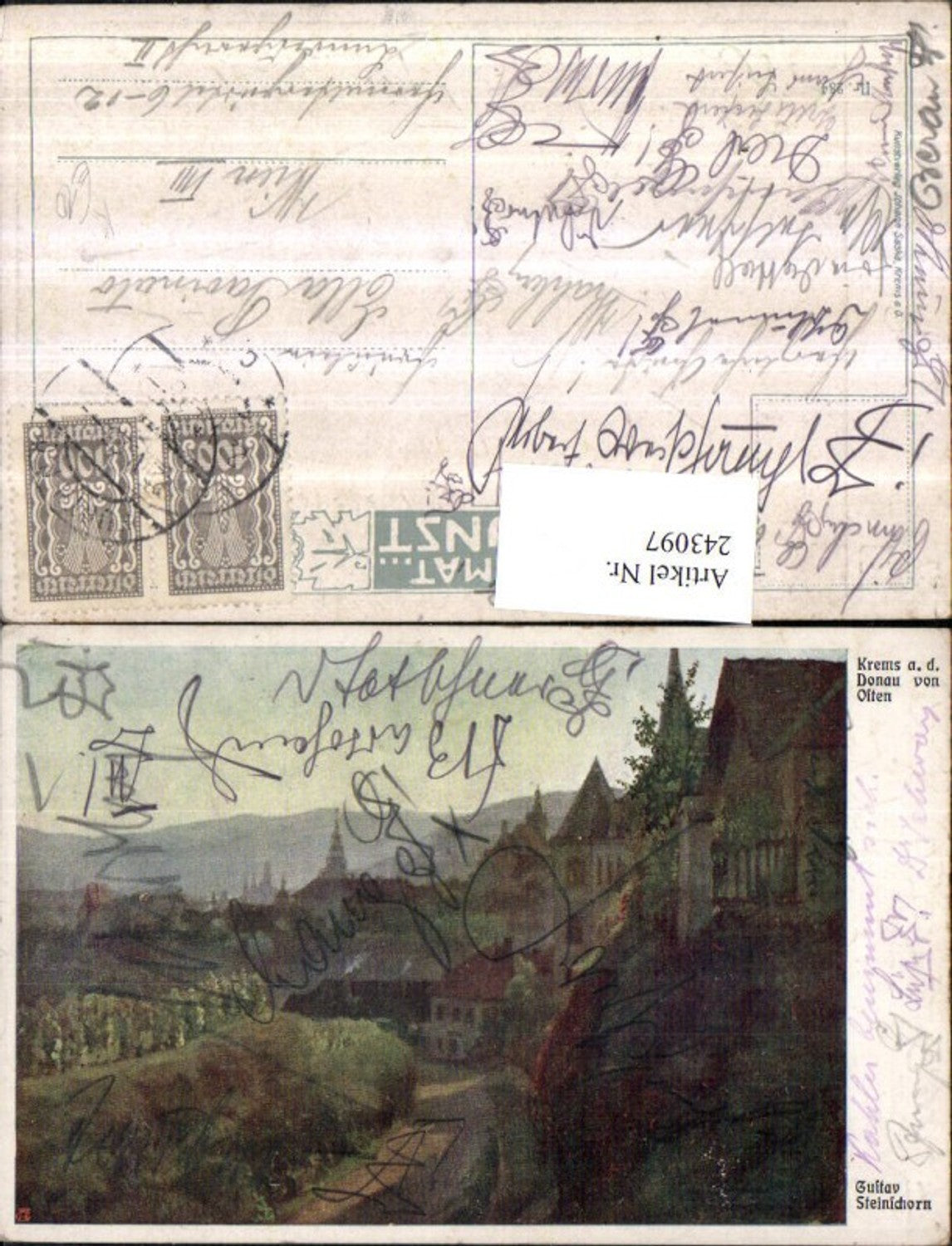 243097,Künstler AK Gustav Steinschorn Krems an d. Donau von Osten Teilansicht