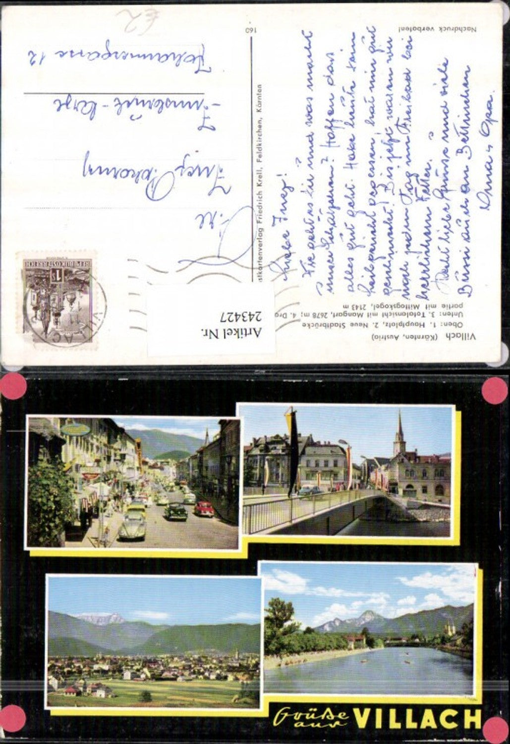 243427, Villach, overall view of the main square, city bridge, Drau river section, multi-view map