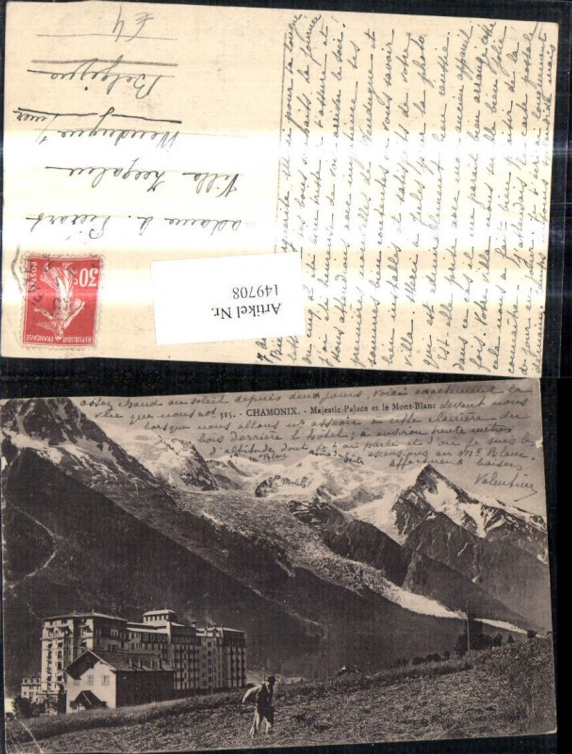 149708,Chamonix Majestic Palace et le Mont Blanc Bauer Heuernte i. Vordergrund