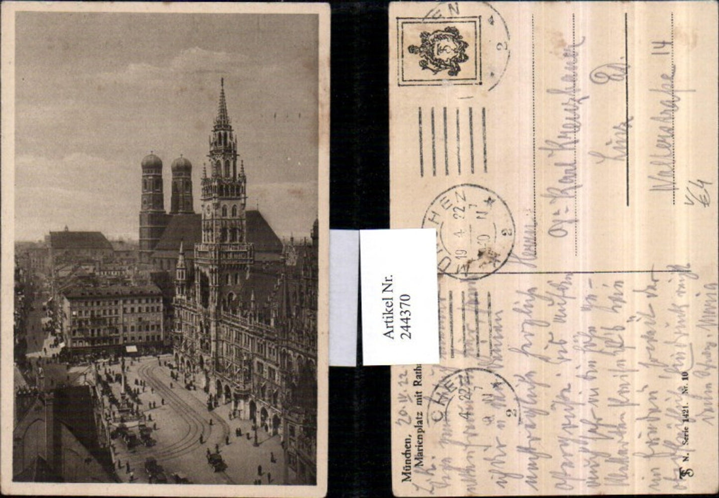 244370,München Marienplatz m. Rathaus u. Frauenkirche pub Theodor Stroefer 1421/10