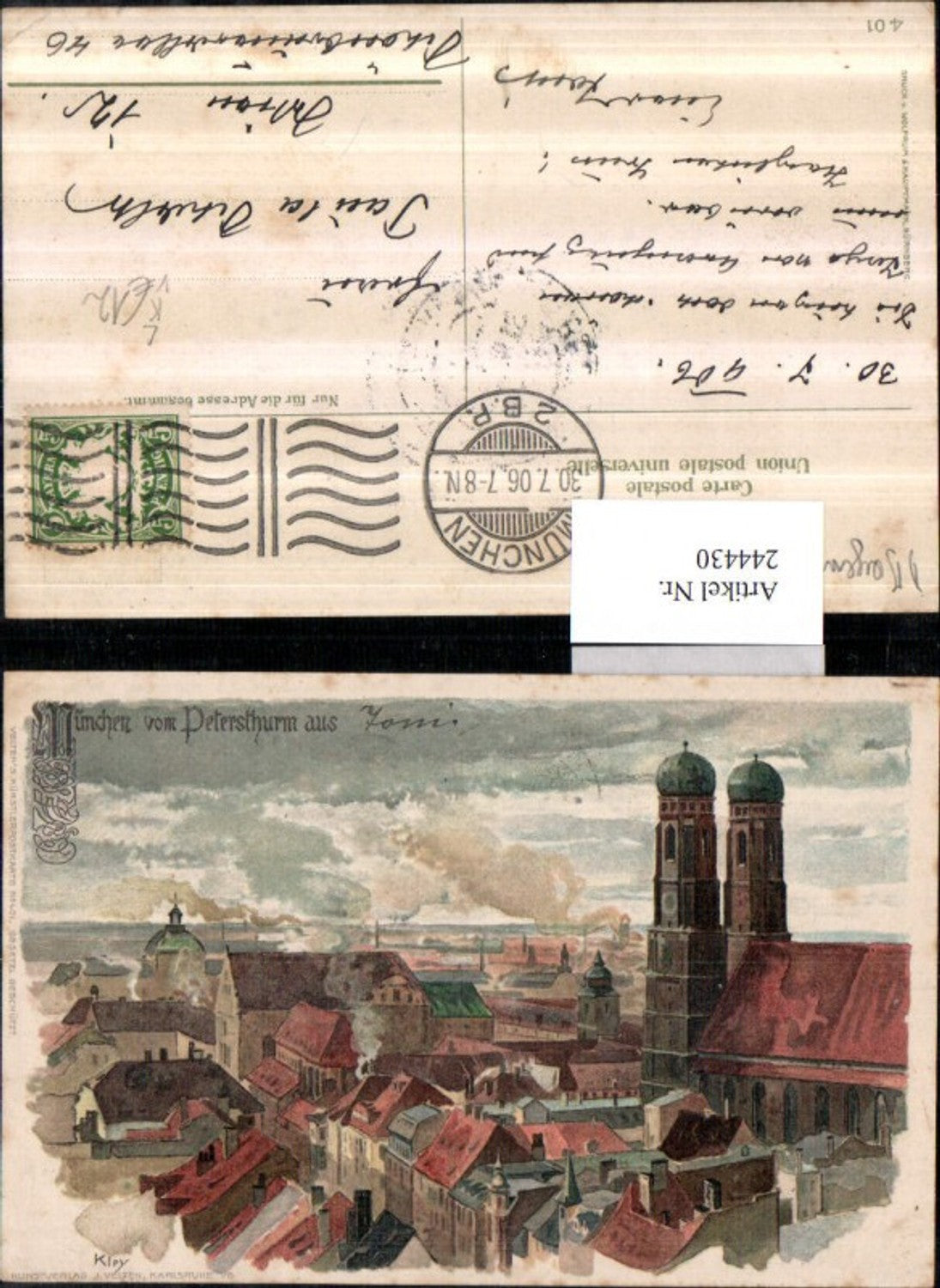244430,Künstler Litho AK Kley München Teilansicht v. Petersturm aus pub J. Velten 401