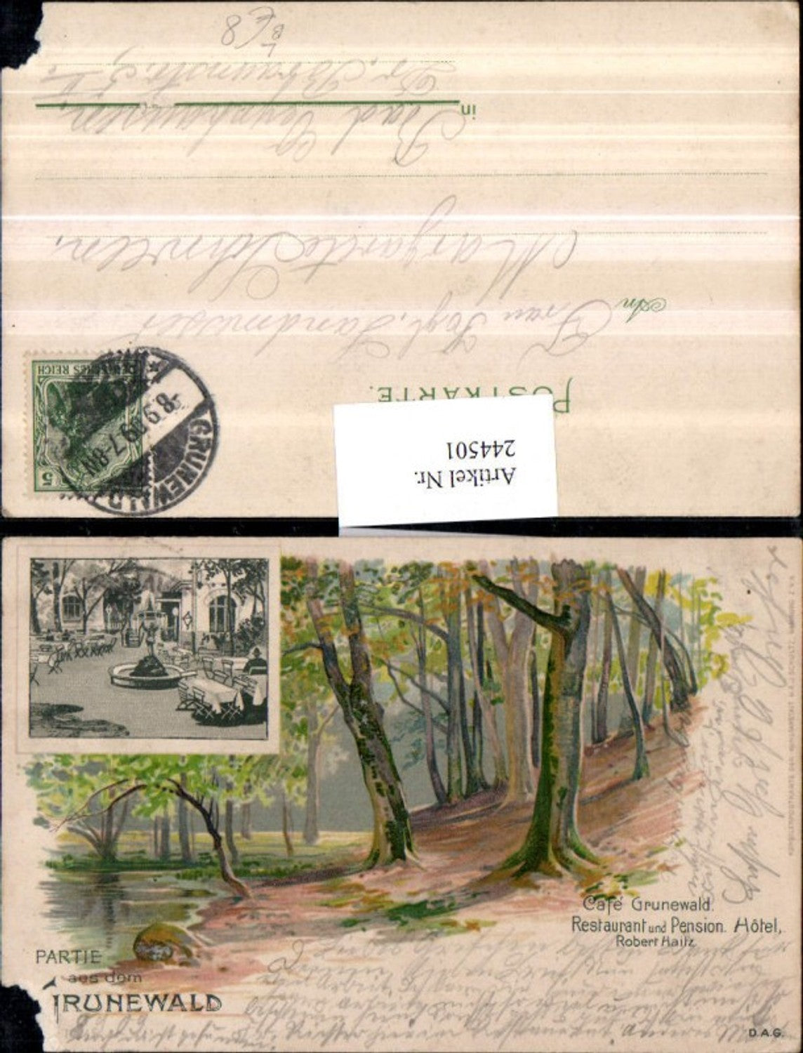 244501,Litho AK Berlin Partie aus d. Grunewald m. Cafe Restaurant u. Pension Hotel Mehrbildkarte