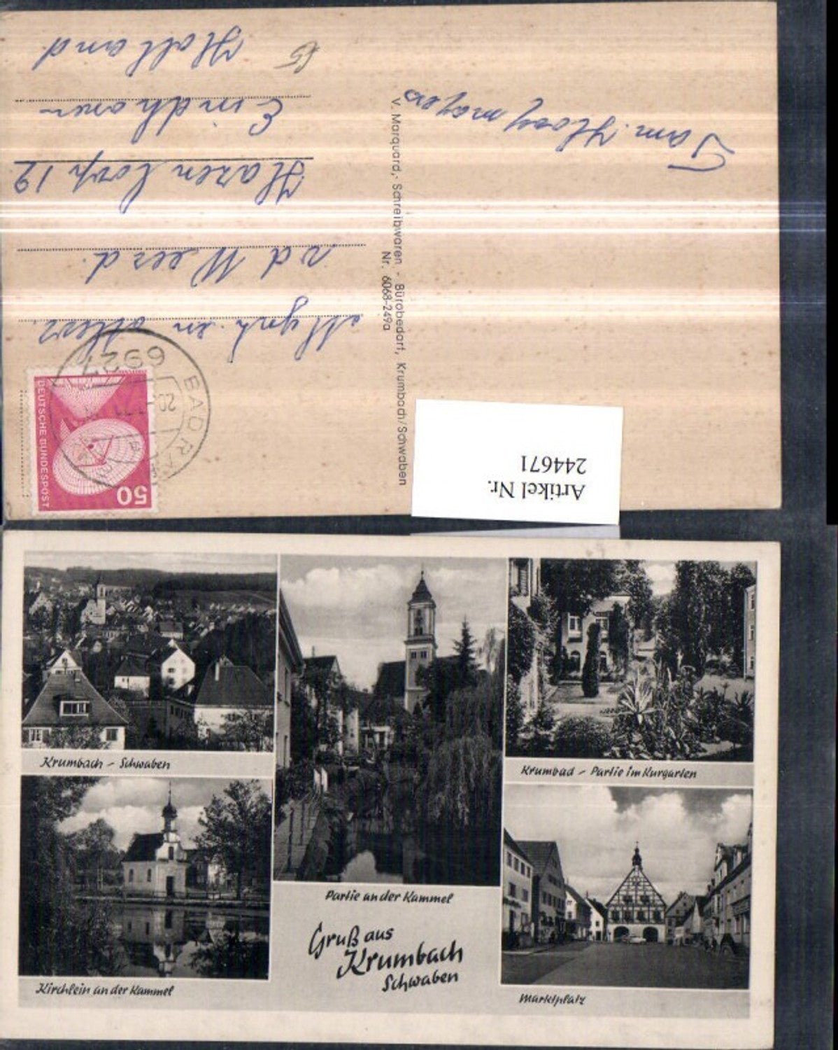 244671,Gruß aus Krumbach Schwaben Totale Kirche Marktplatz Krumbad Kurgarten Mehrbildkarte