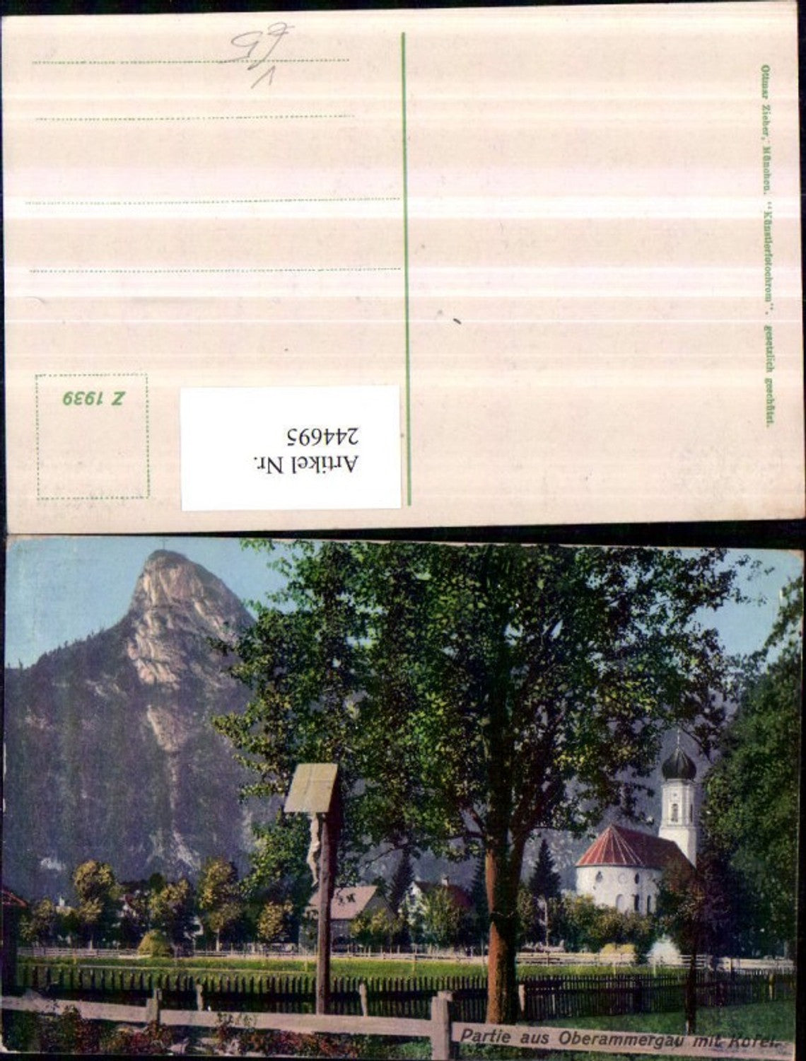 244695,Partie aus Oberammergau Kirche Wegkreuz m. Kofel pub Ottmar Zieher 1939