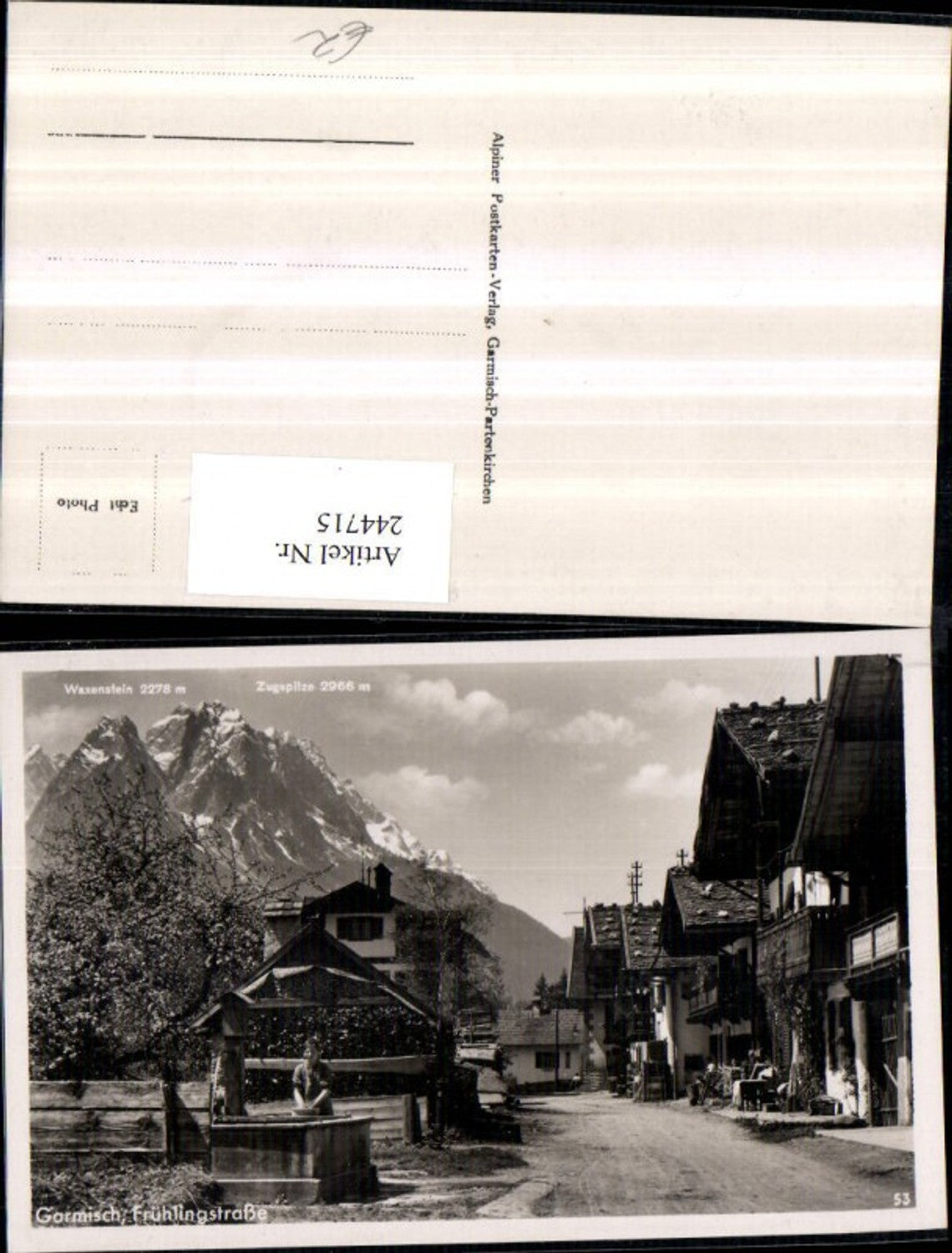 244715,Garmisch Frühlingstraße Straßenansicht Brunnen m. Waxenstein u. Zugspitze