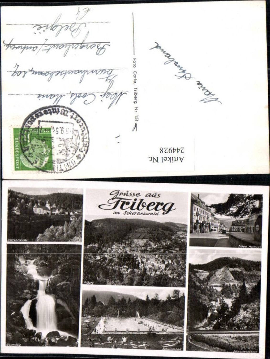 244928, Greetings from Triberg in the Black Forest. View of the church, waterfall, swimming pool, market square. Multi-view postcard.