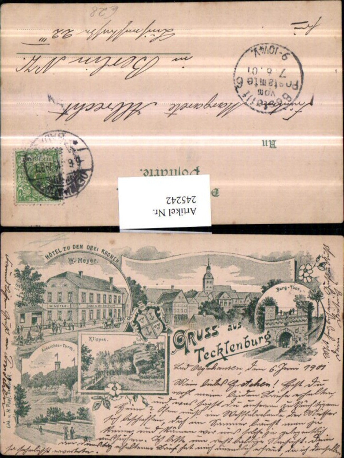 245242,Litho AK Gruß aus Tecklenburg Burg-Tor Hotel zu den drei Kronen Aussichtsturm Mehrbildkarte