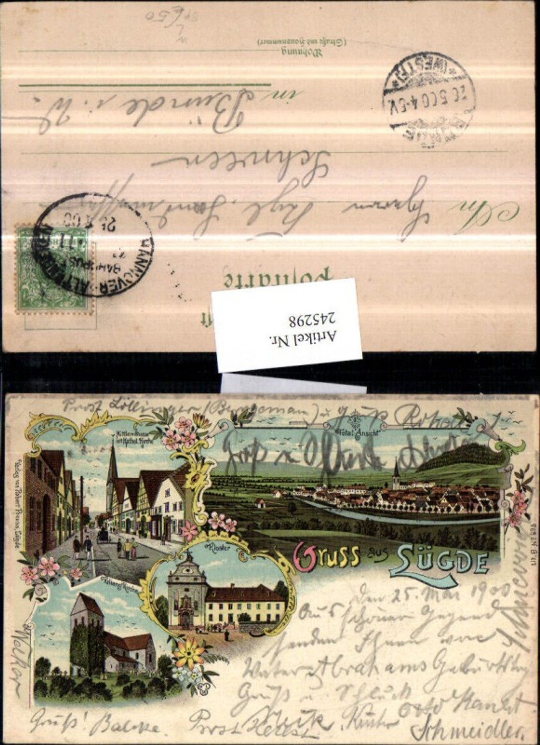 245298,Litho AK Lüdge Totale Kloster Kilian-Kirche Straßenansicht Mehrbildkarte Bahnpost Hannover – Altenbeken