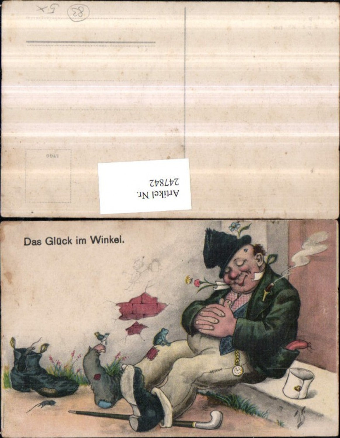 247842,Künstler AK Willi Scheuermann John Wills Das Glück im Winkel Mann m. Hut Zigarette Blume Uhr Stock schläft