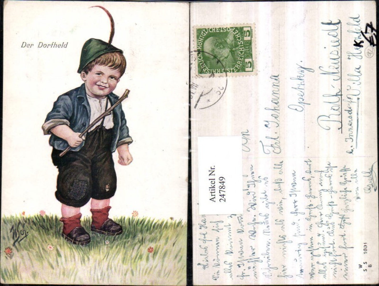 247849,Künstler AK Willi Scheuermann John Wills Der Dorfheld Kind m. Hut Feder Stock Wiese