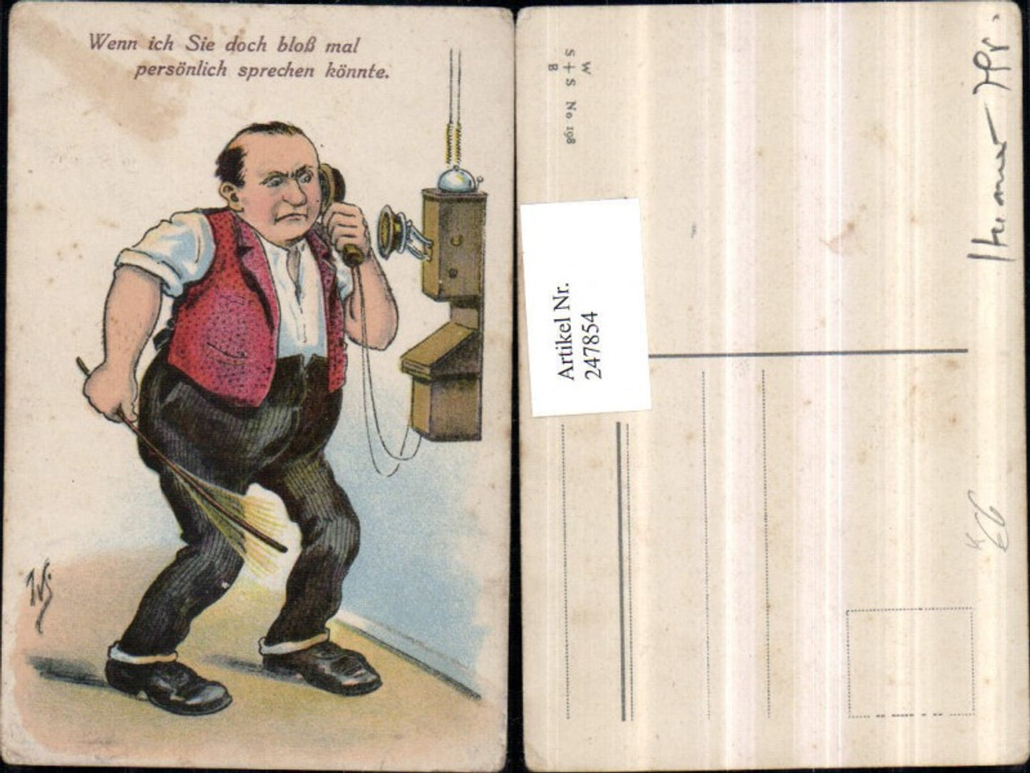 247854,Künstler AK Willi Scheuermann John Wills Wütender Mann telefoniert Telefon Stock