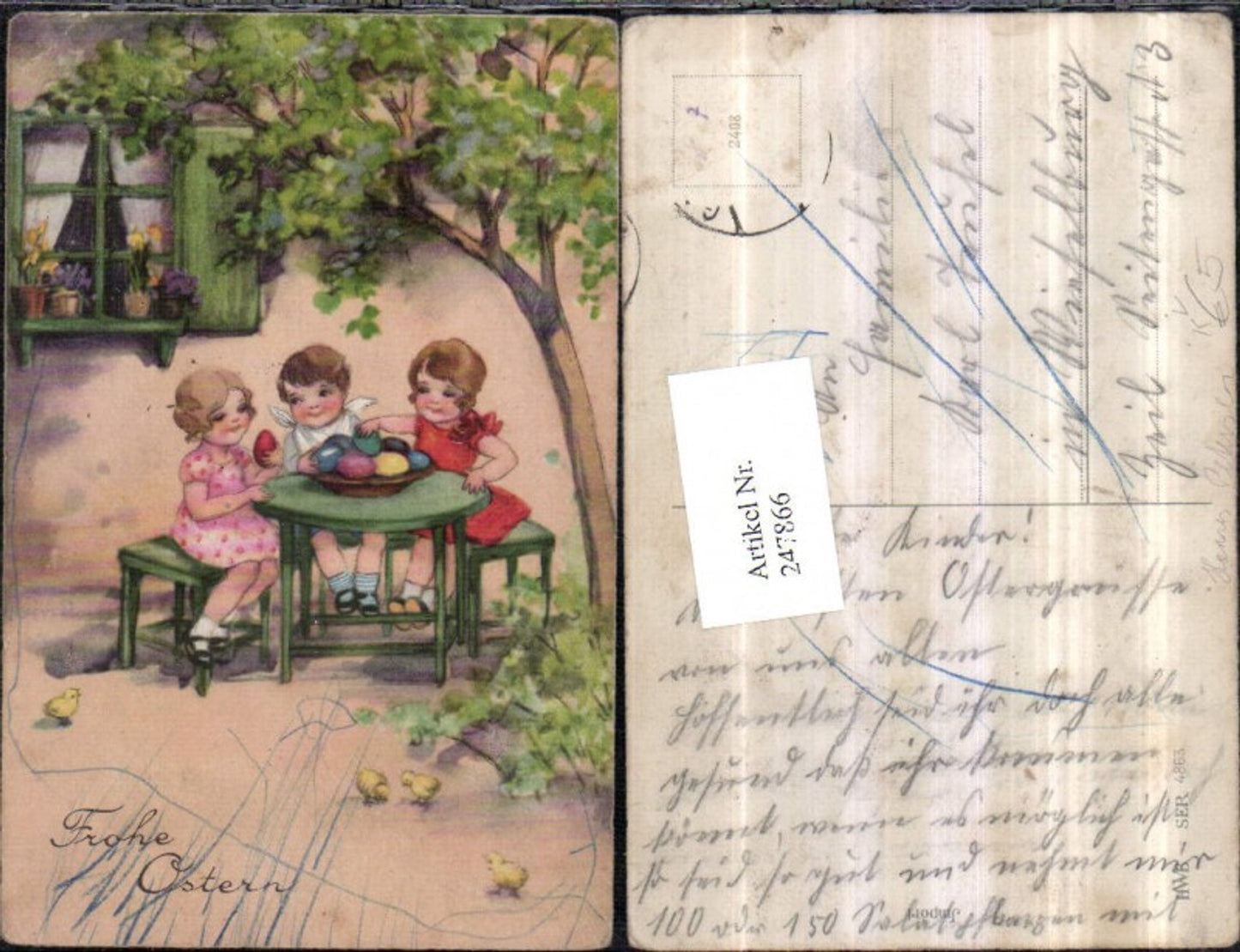 247866,Künstler AK Hannes Petersen Ostern Kinder Mädchen Tisch Ostereier Küken pub HWB 4863