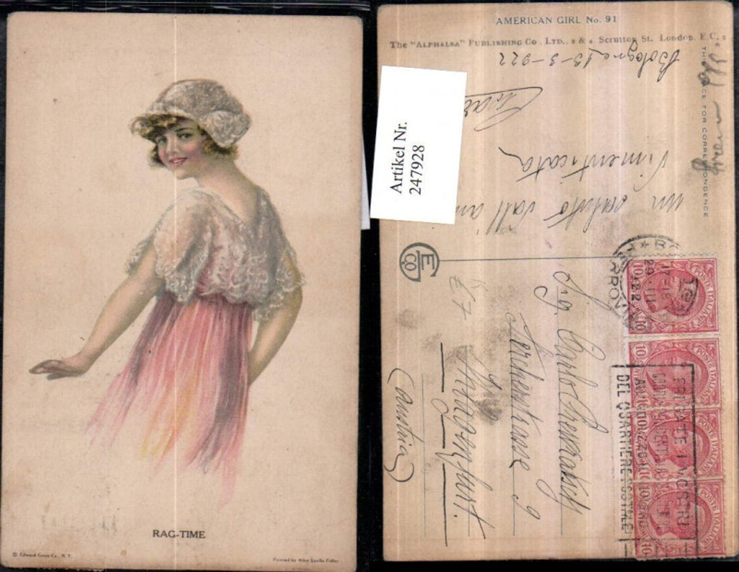 247928,Künstler AK Alice Luella Fidler Rag-Time Mädchen m. Haube Kleid Portrait