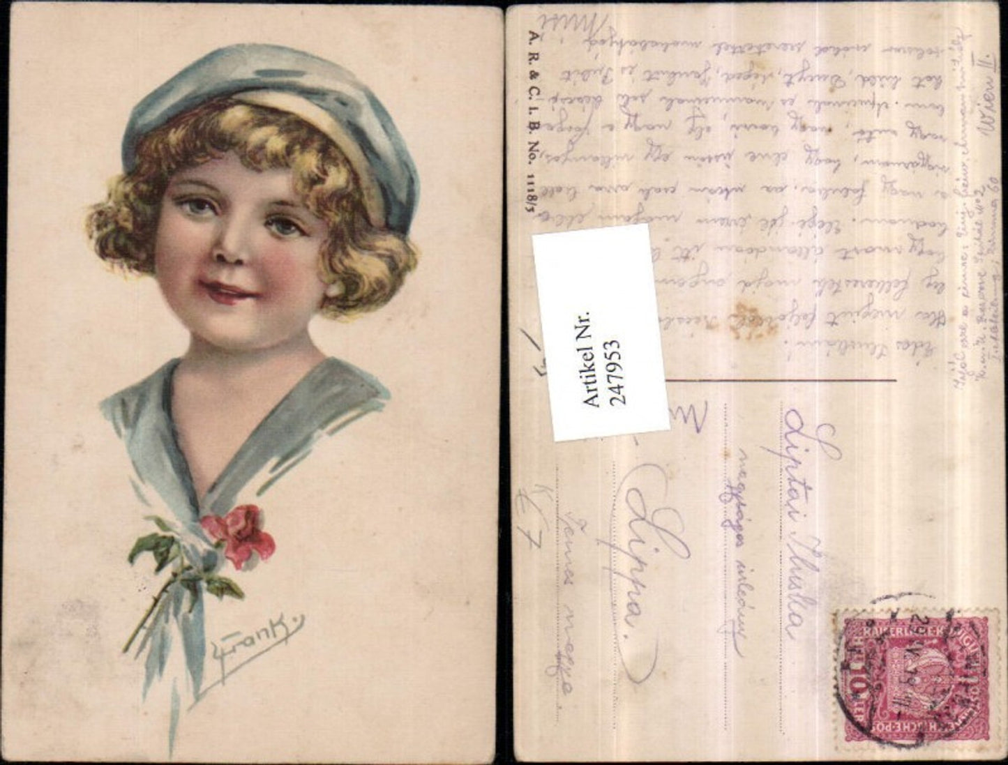 247953,Künstler AK Frank Elly Kind m. Haube Blume Portrait