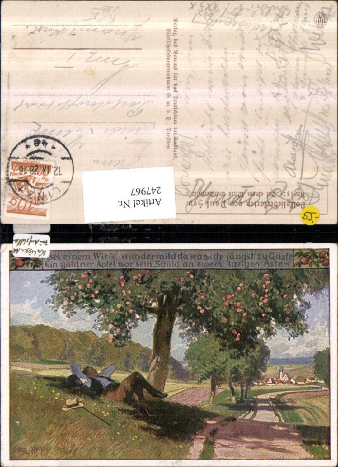 247967,Künstler AK Paul Hey Bei einem Wirte wundermild Mann liegt Wiese pub Verein f. d. Deutschtum im Ausland