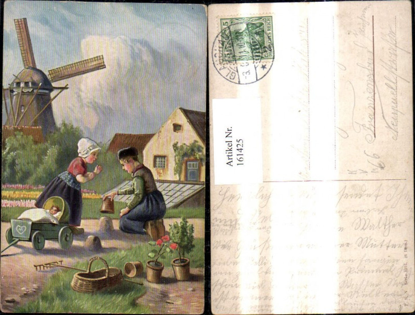 161425, Artist Ak Windmill Children Doll Carriage pub Theo Stroefer 1075