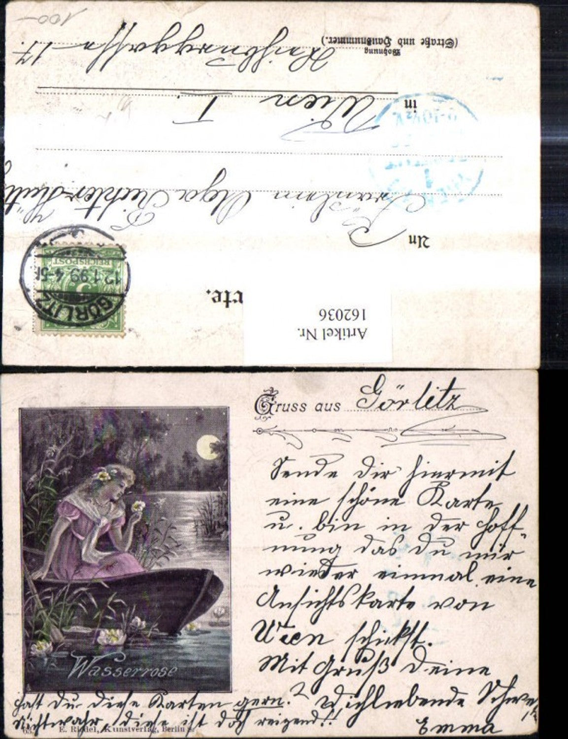 162036,Künstler Ak Wasserrose Frau Boot b. Mondschein Liebe