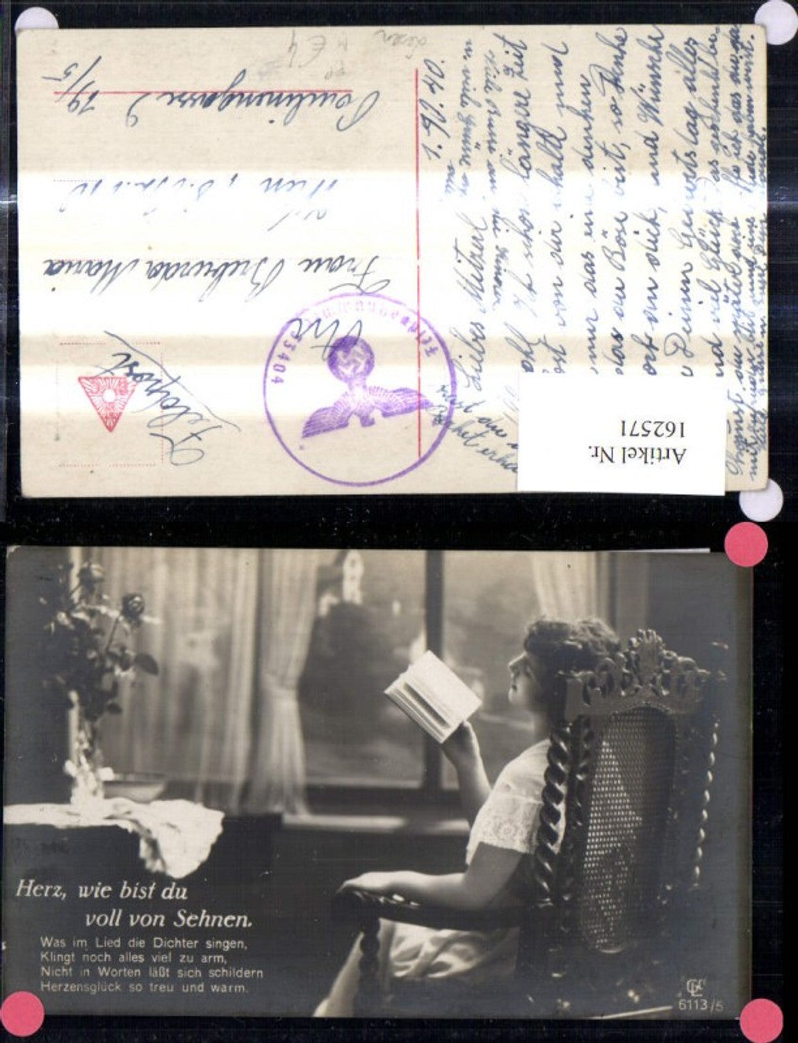 162571,Frau liest Buch Herz wie bist du von v. Sehnen Lesen Spruch Text FP Feldpostnummer 33404