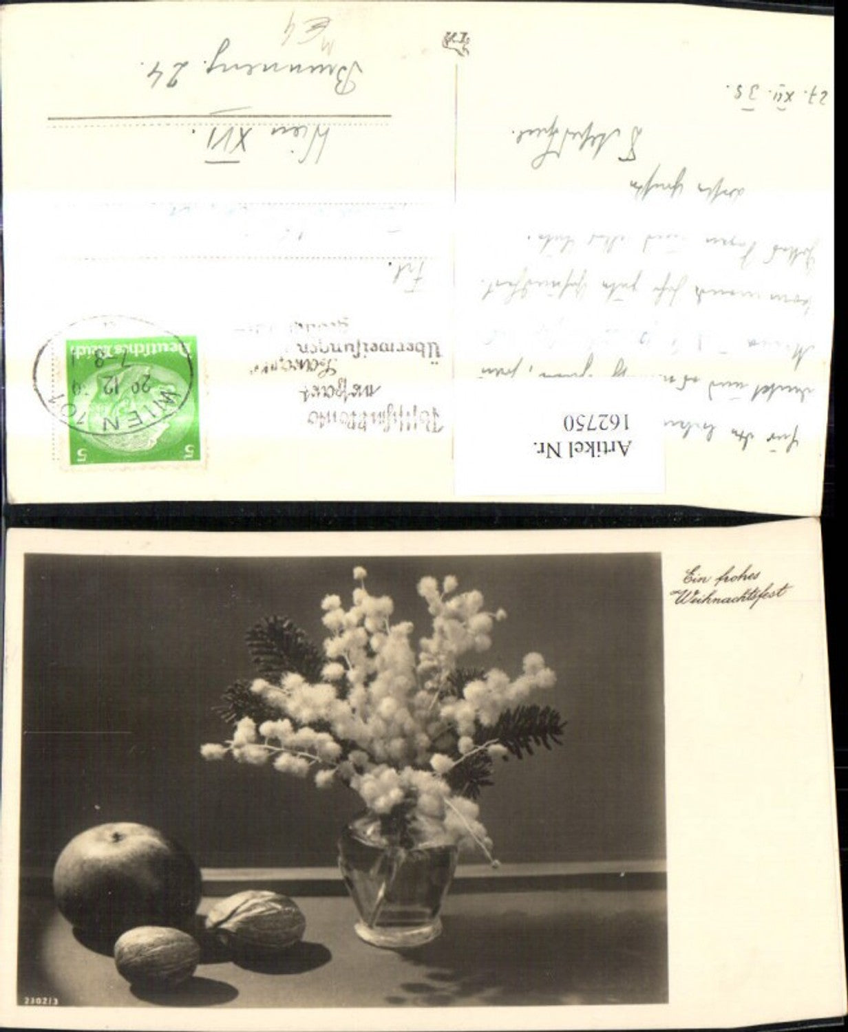 162750, Still life Christmas vase with branches, fir branches, apple, nuts