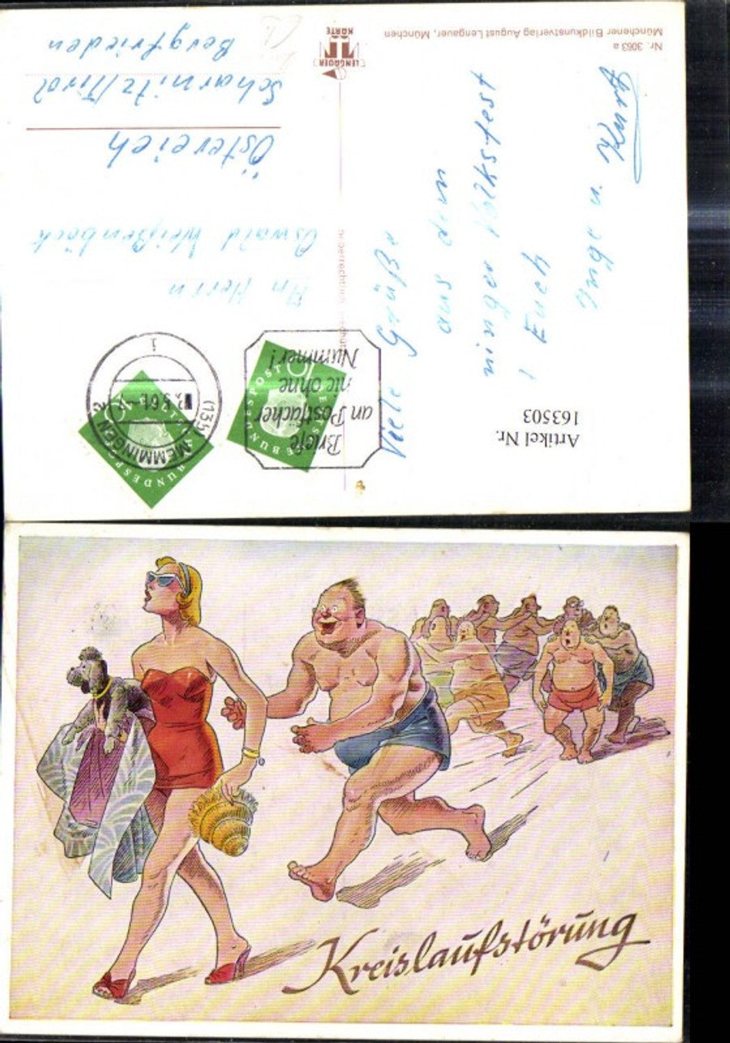 163503,Künstler Ak Frau i. Badeanzug Hund Männer laufen hinterher Kreislaufstörung Scherz Humor