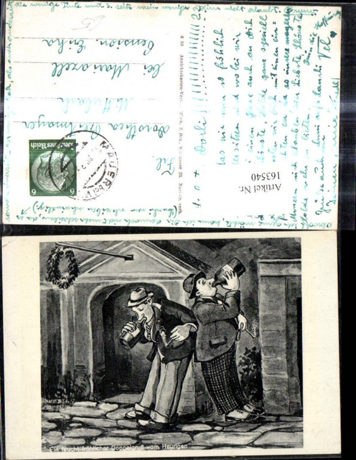 163540,Künstler Ak Betrunkene Männer Trunkenbolde Wein Gruß v. Heurigen Scherz Humor