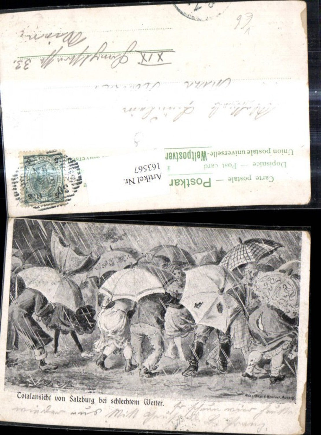 163567,Künstler Ak Menschen m. Regenschirmen Schirme Regen Salzburg Text Scherz Humor pur E. Rennert