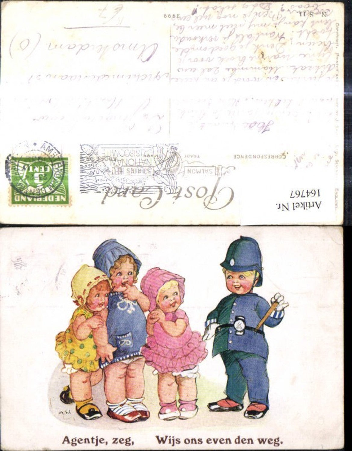 164767,Künstler Ak Madge Williams Mädchen u. Bub Junge als Polizist Uniform Agentje zeg Wijs ons even den weg