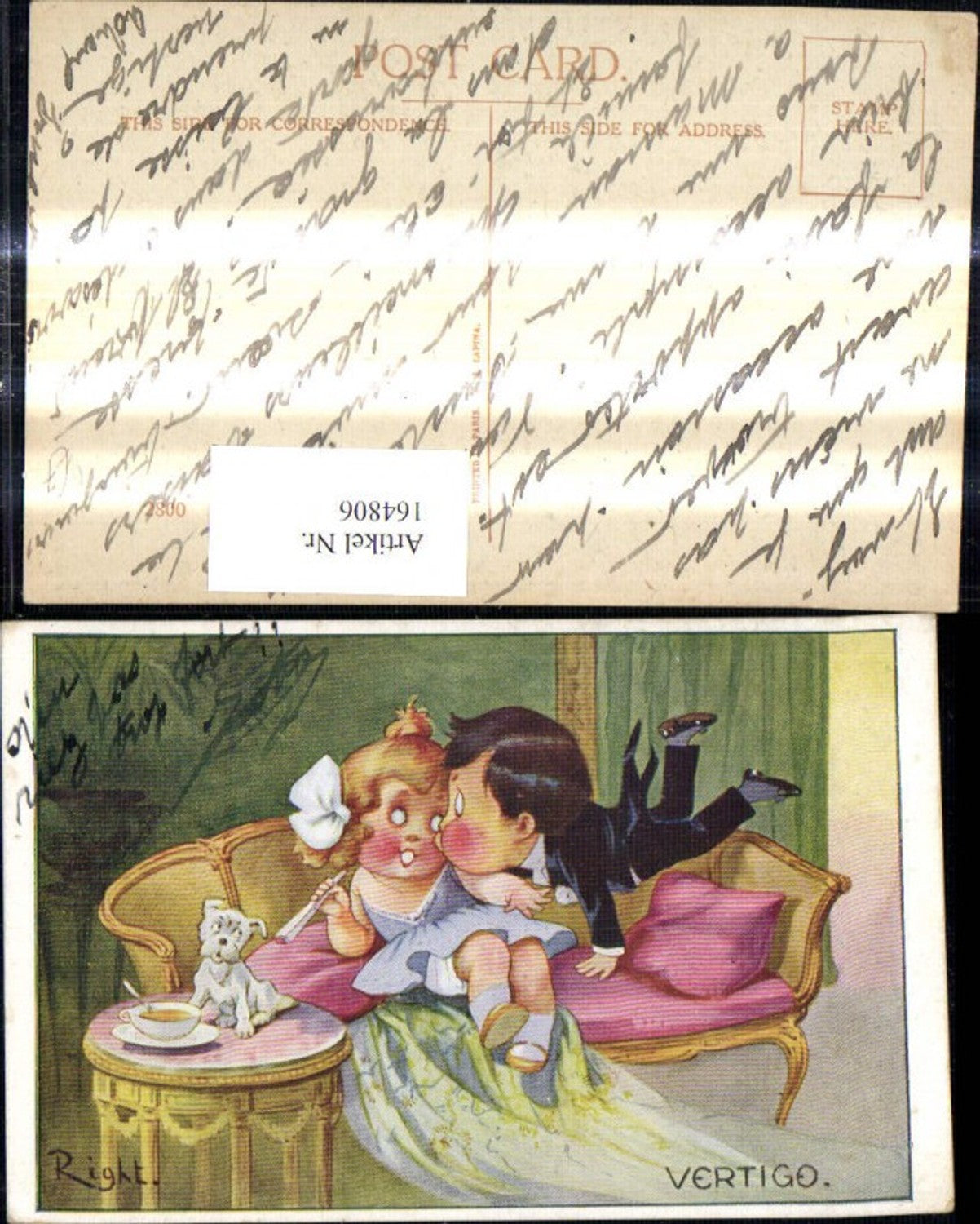 164806,Künstler Ak Right Kinder Kuss a. Sofa Hund Vertigo