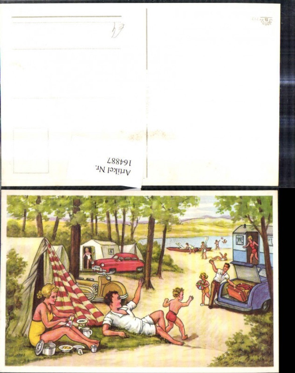 164887,Künstler Ak Szene a. Campingplatz Kinder Zelt Auto Camping