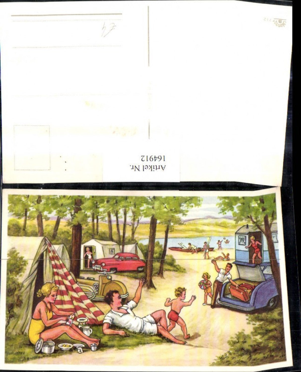 164912,Künstler Ak Szene a. Campingplatz Kinder Zelt Auto Camping