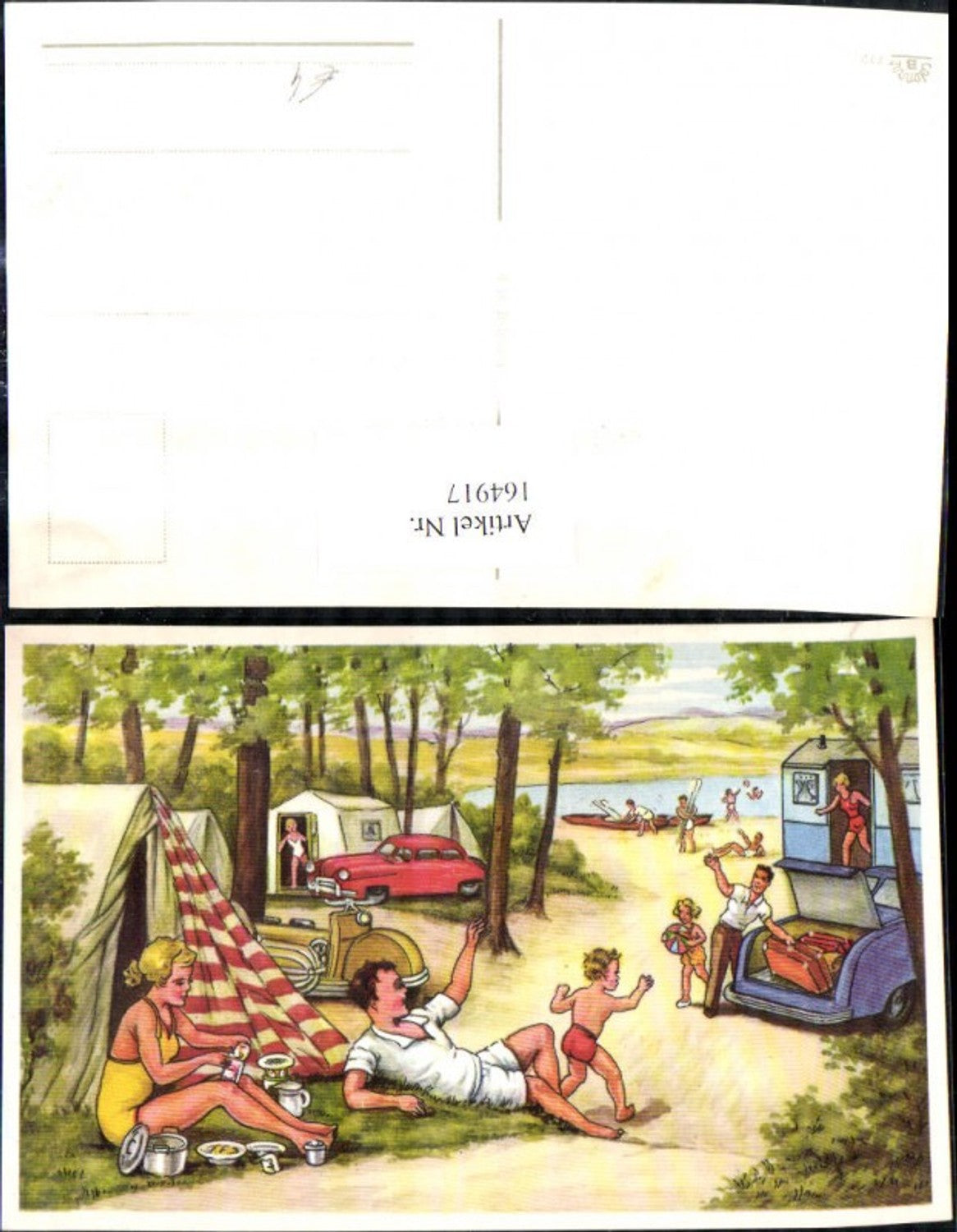 164917,Künstler Ak Szene a. Campingplatz Kinder Zelt Auto Camping